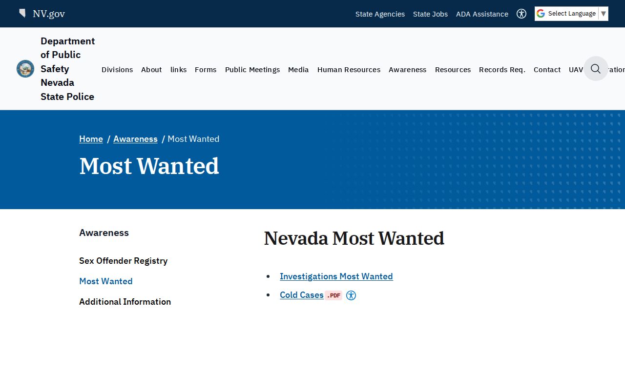 Esmeralda County most wanted statewide Nevada program reference